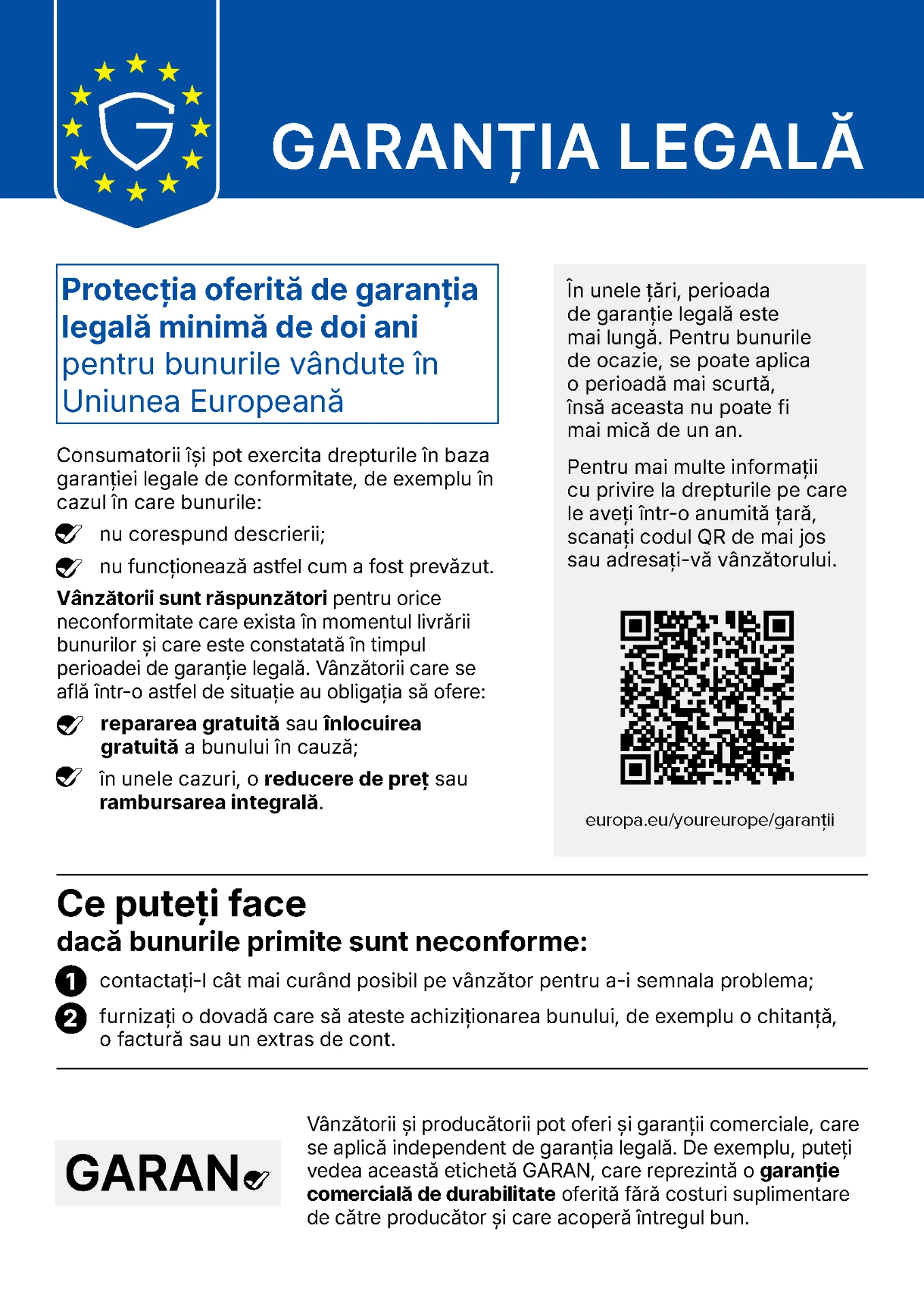 Notificare armonizată UE - Garanția legală minimă de doi ani pentru bunurile vândute în Uniunea Europeană